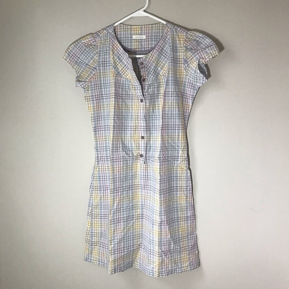 Sessun small agostina cotton plaid mini dress with cap sleeves and button front